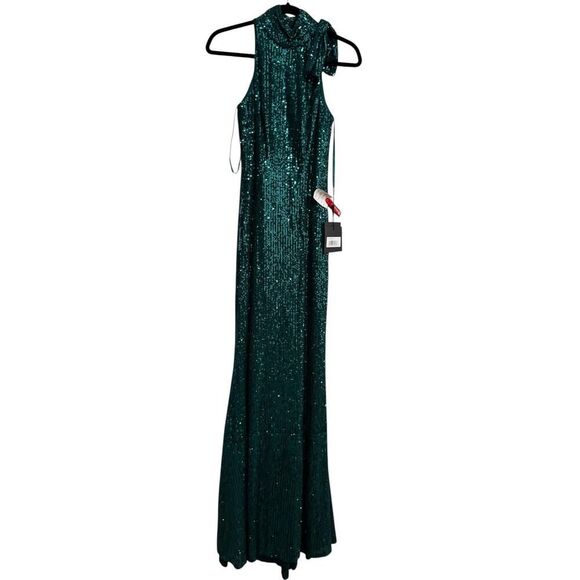 Ieena for Mac Duggal  Green Soft Tie Halter Neck Sequin Gown - Size 2 - NWT - Picture 4 of 5